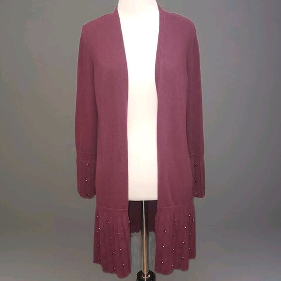 Chico’s Open Front Cardigan Sweater Pleated Hem Embellished Burgundy Wine Small - Picture 1 of 11